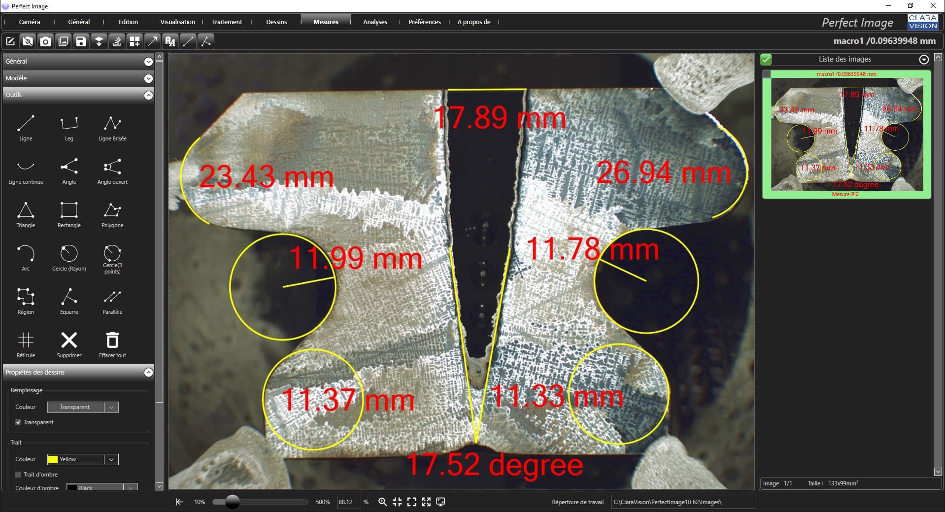Mesures dimensionnelles sur image en metallographie  